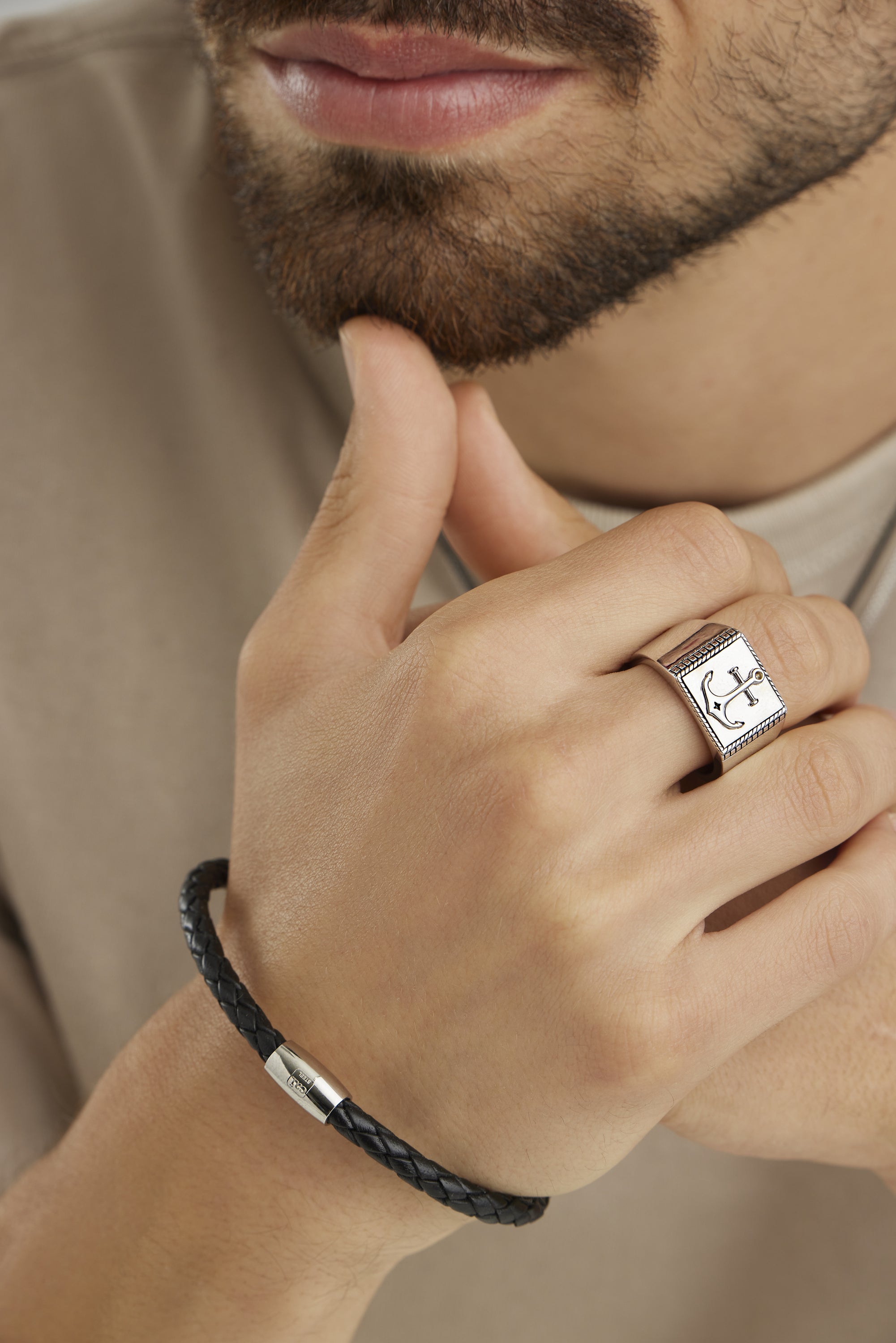 Armband Edelstahl Leder schwarz 20cm