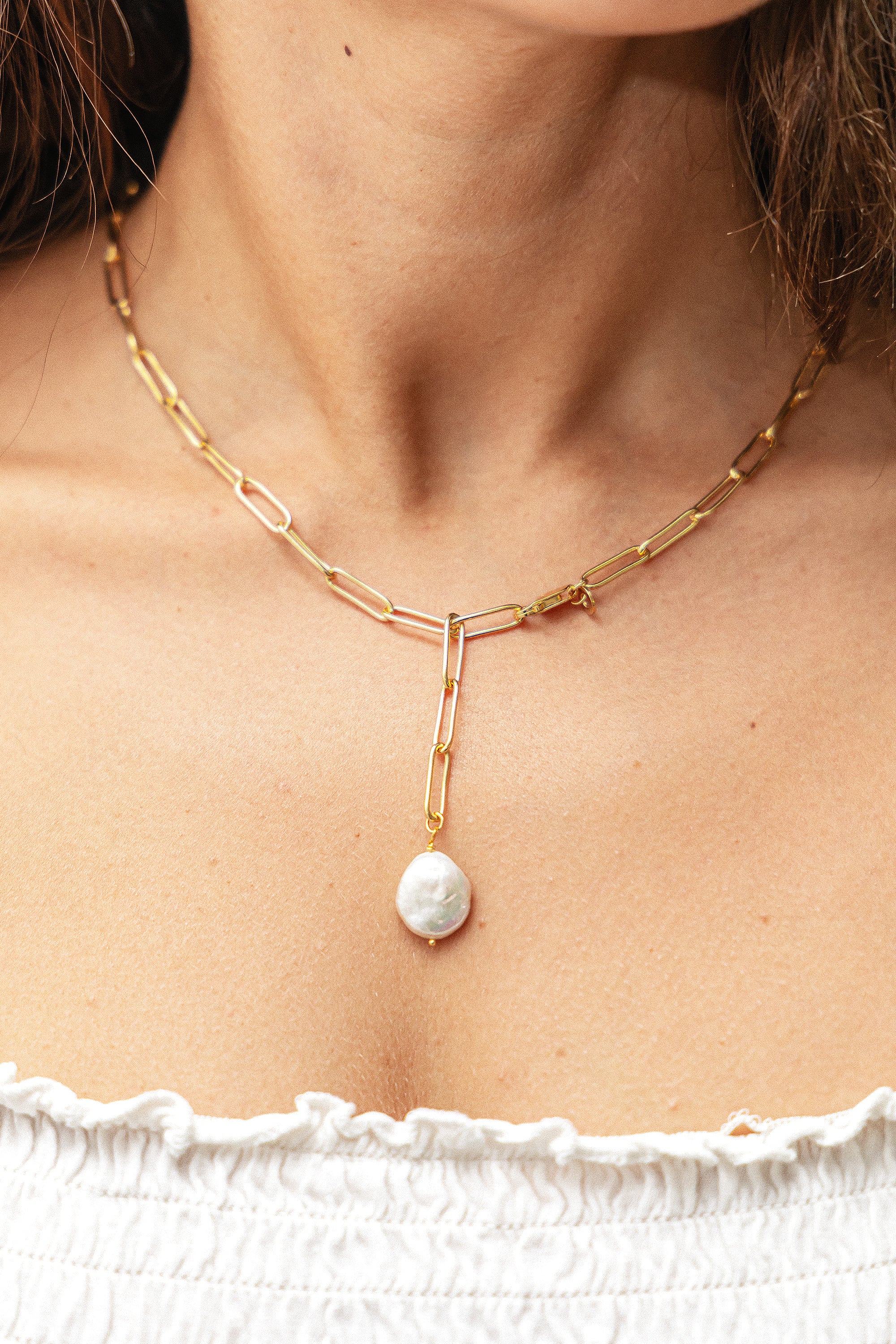 Halskette 925 Silber vergoldet flache Süßwasserzucht Perle