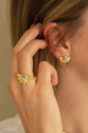 Ring 925 Silber vergoldet Fächer Anhänger mit Türkis & Weißtopas