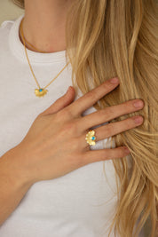 Ring 925 Silber vergoldet Fächer Anhänger mit Türkis & Weißtopas