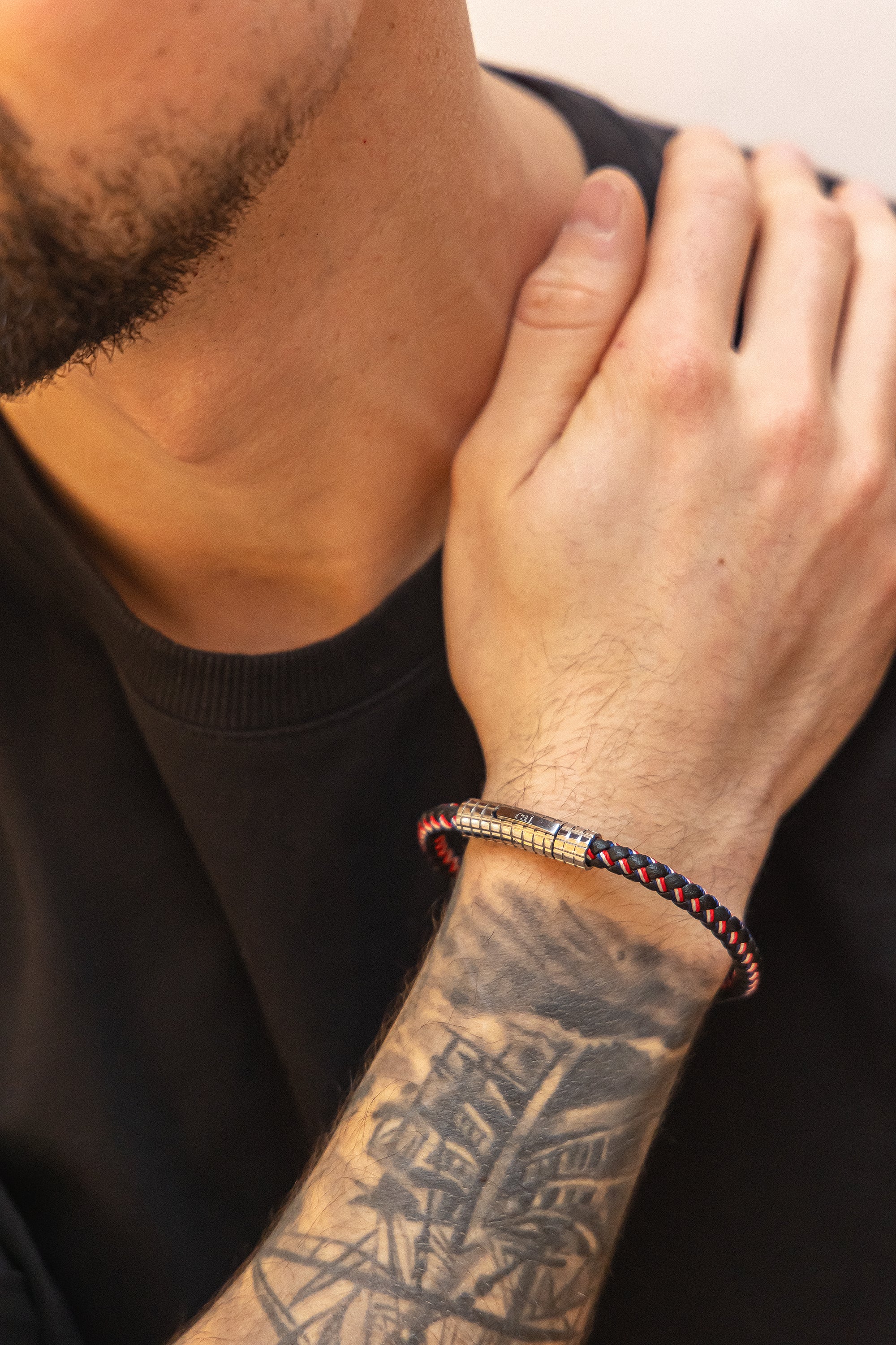 Armband Leder- und Textilarmband rot, weiß, blau 21cm