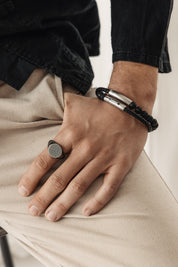 Armband Lavakugeln mit geflochtenem, schwarzen Echtleder-Wickelarmband 21cm und magnetischem Edelstahlverschluß