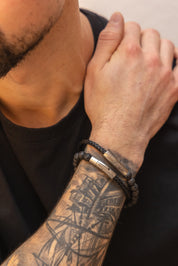 Armband Lavakugeln mit geflochtenem, schwarzen Echtleder-Wickelarmband 21cm und magnetischem Edelstahlverschluß