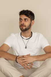 Armband Lavakugeln mit geflochtenem, schwarzen Echtleder-Wickelarmband 21cm und magnetischem Edelstahlverschluß