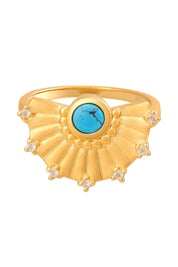 Ring 925 Silber vergoldet Fächer Anhänger mit Türkis & Weißtopas