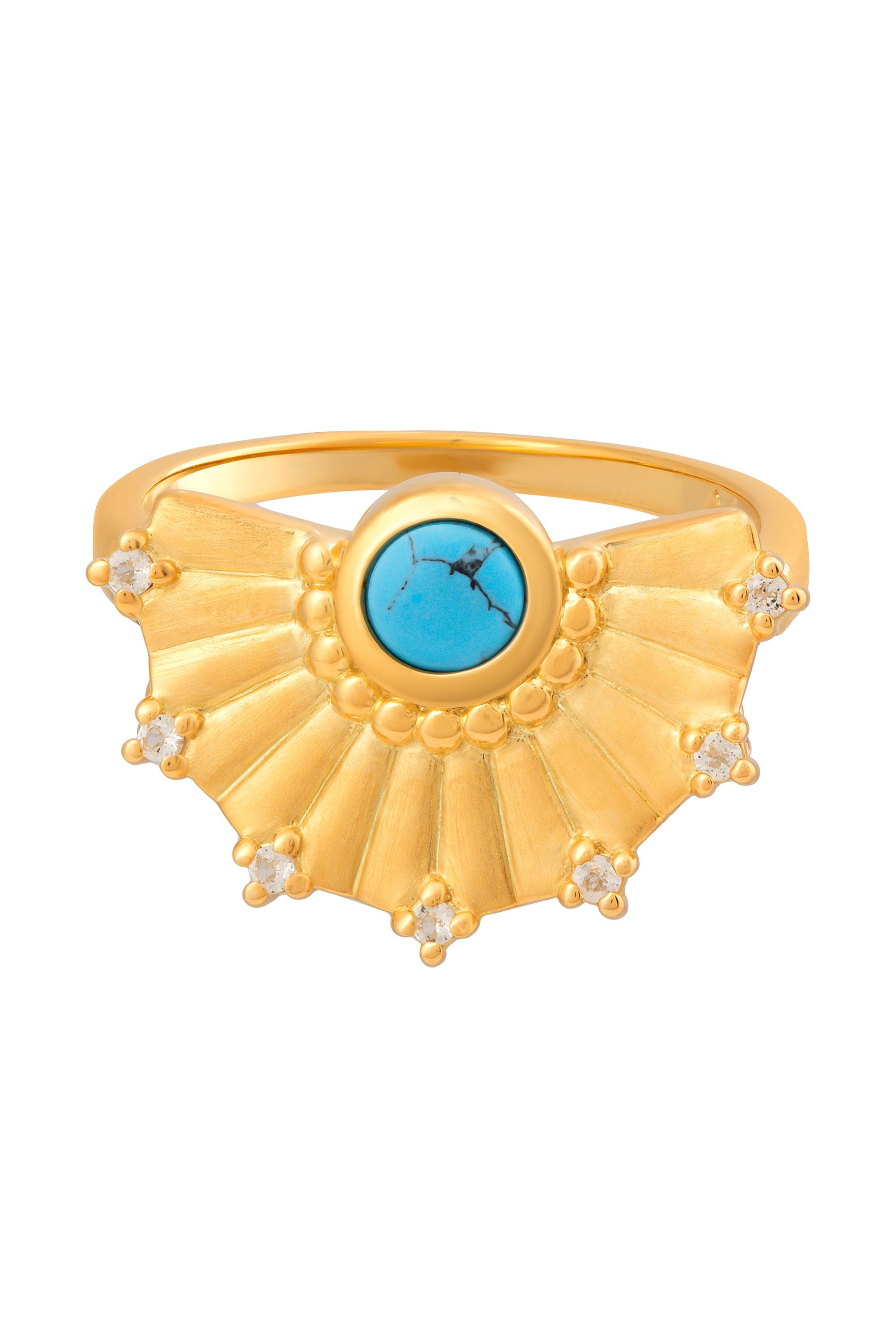 Ring 925 Silber vergoldet Fächer Anhänger mit Türkis & Weißtopas