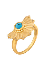 Ring 925 Silber vergoldet Fächer Anhänger mit Türkis & Weißtopas