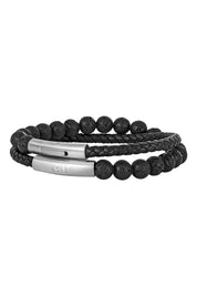 Armband Lavakugeln mit geflochtenem, schwarzen Echtleder-Wickelarmband 21cm und magnetischem Edelstahlverschluß