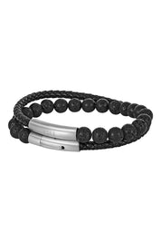 Armband Lavakugeln mit geflochtenem, schwarzen Echtleder-Wickelarmband 21cm und magnetischem Edelstahlverschluß