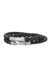 Armband Lavakugeln mit geflochtenem, schwarzen Echtleder-Wickelarmband 21cm und magnetischem Edelstahlverschluß