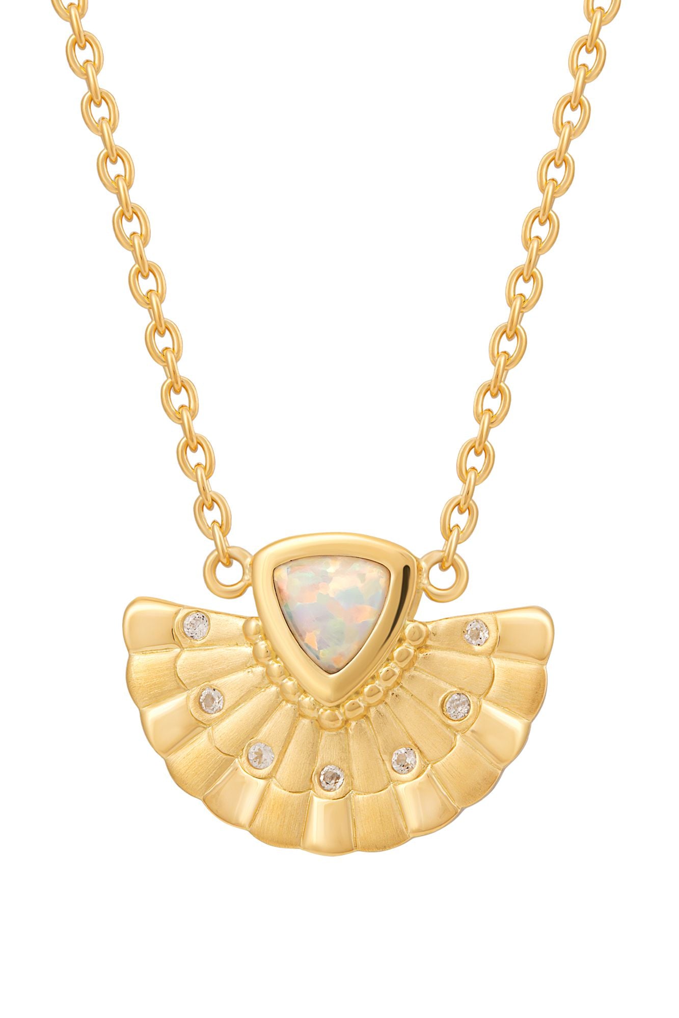 Collier 925 Silber vergoldet Fächer Anhänger mit Opal & Weißtopas