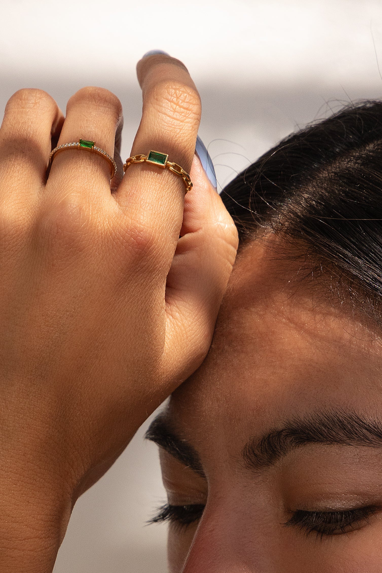 Ring 925 Silber vergoldet Kettendesign Baguette Stein grün