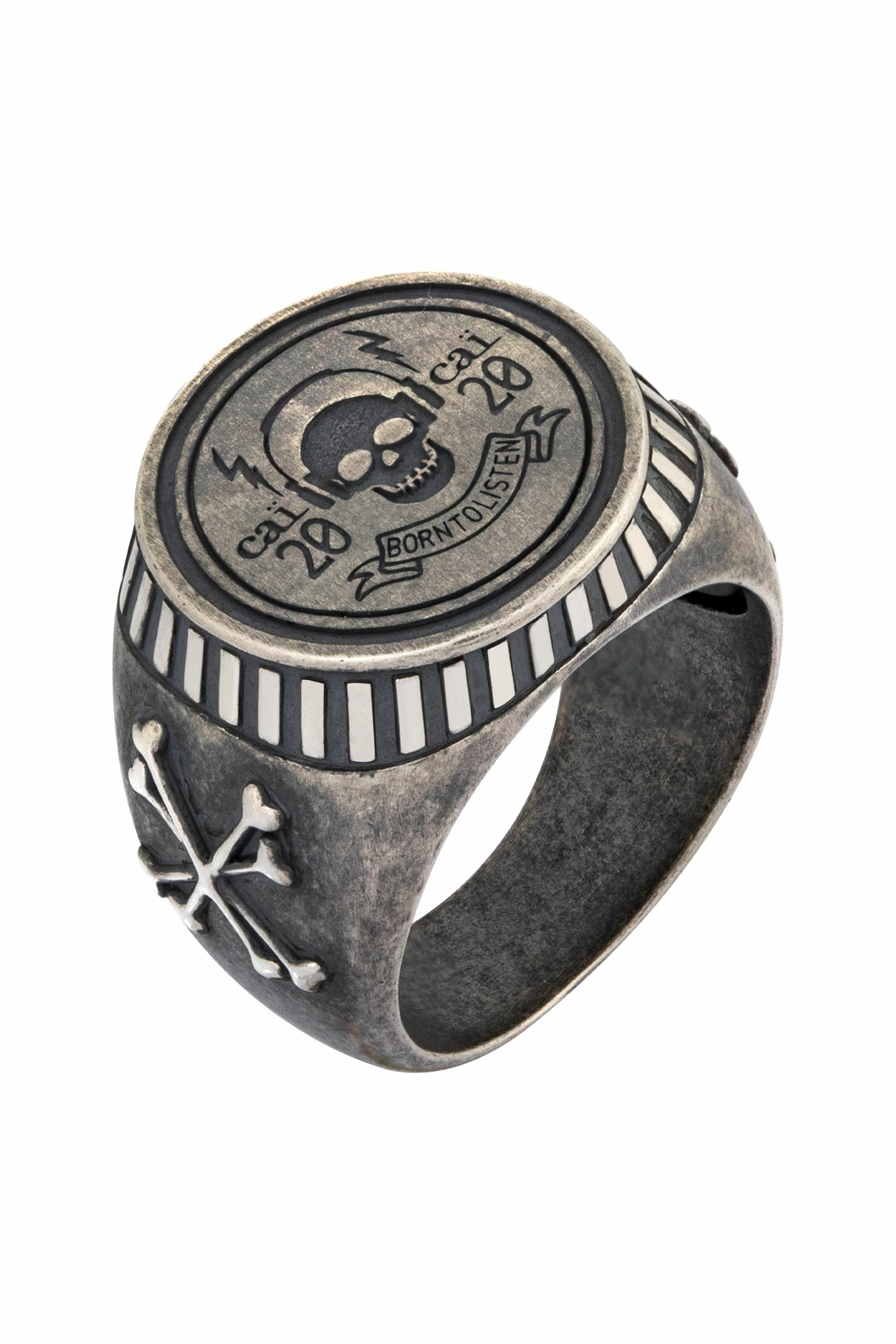 Ring 925/- Sterling Silber Siegelring matt oxidiert Rock Music Skull