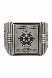 Ring 925/- Sterling Silber Siegelring matt oxidiert Sailor Wappen