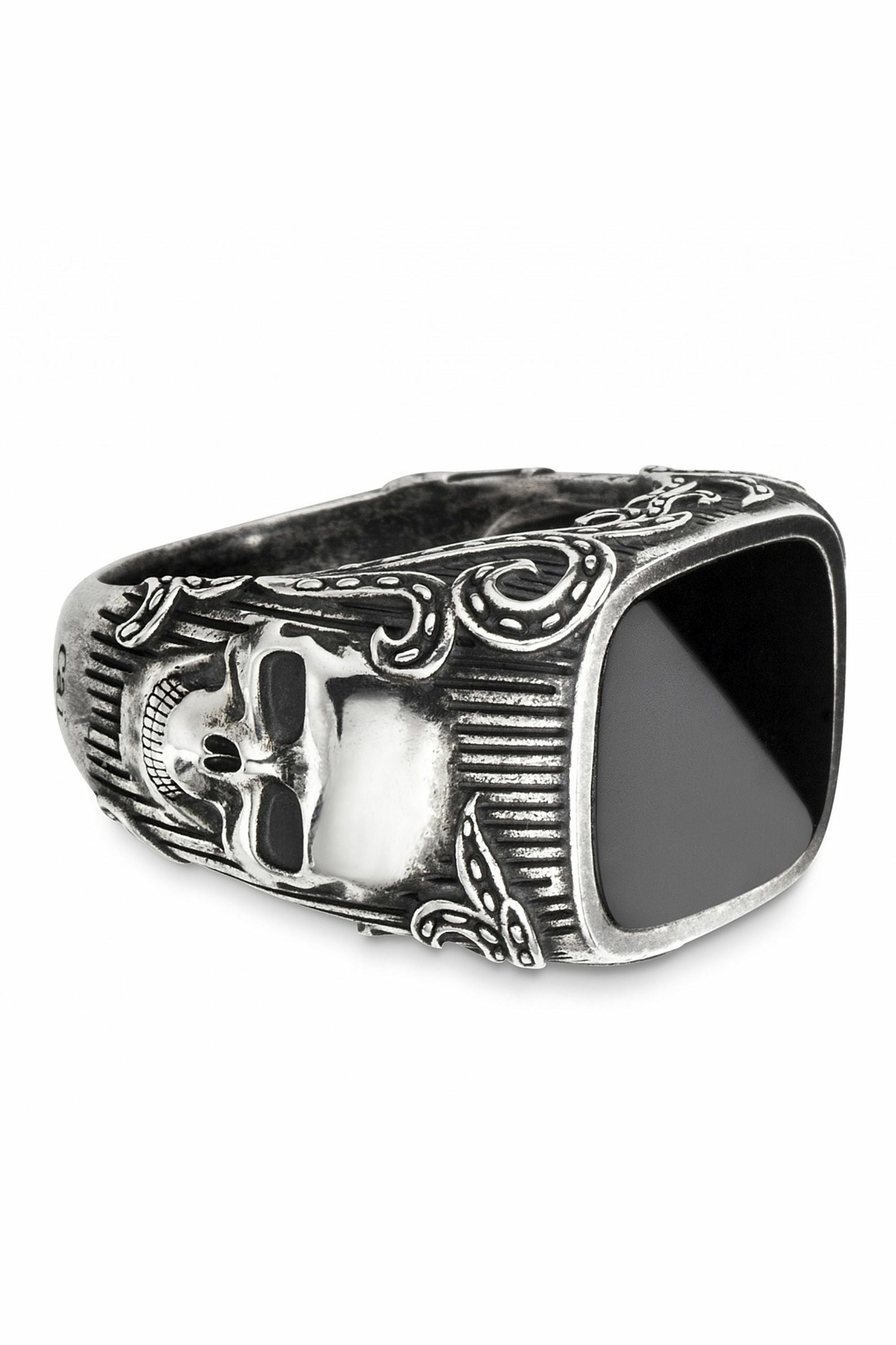Ring Silber 925 oxydiert mit Totenkopf-Motiv und schwarzem Onyx