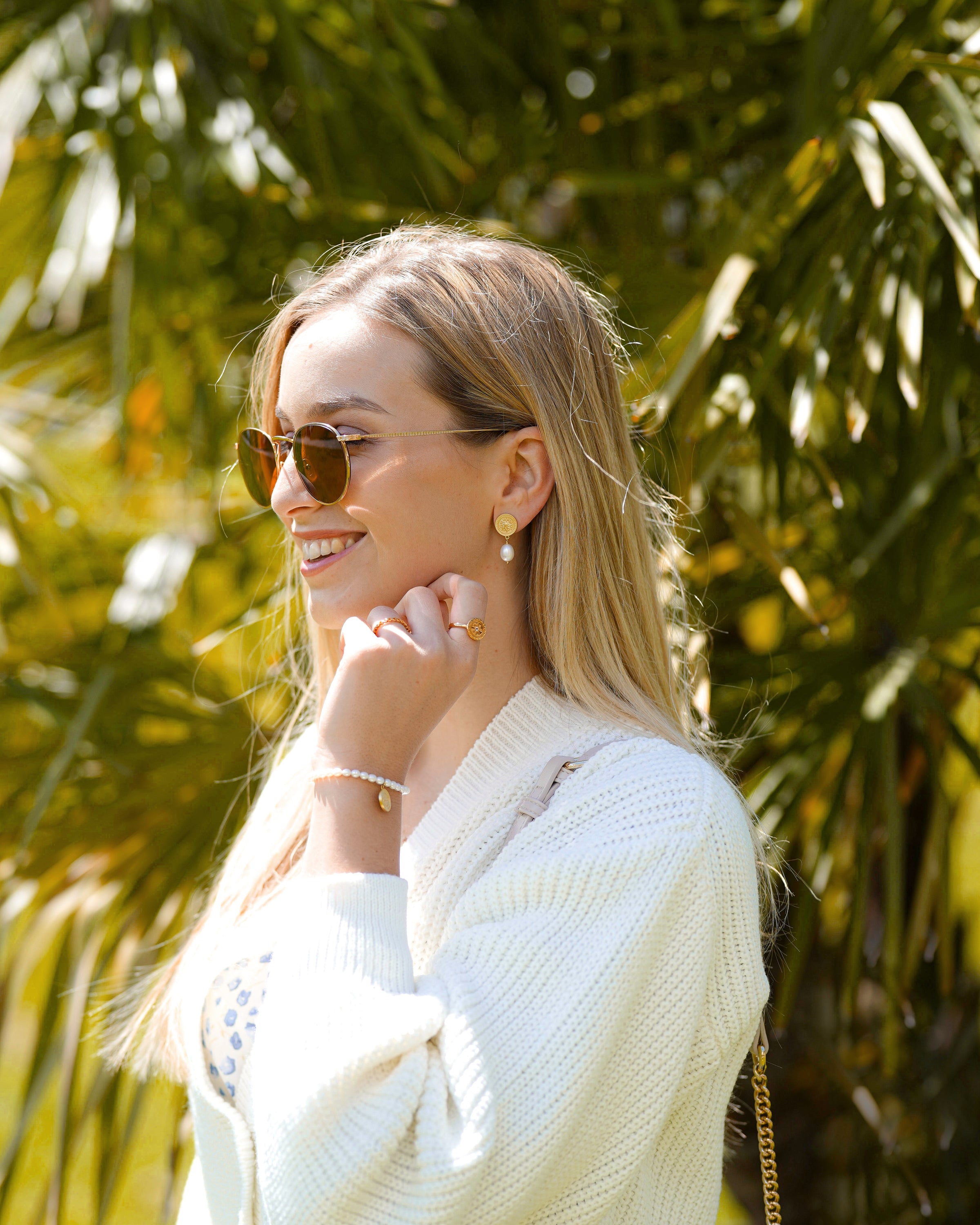 Armband 925 Silber Perlenarmband Münze vergoldet Sonne Karma